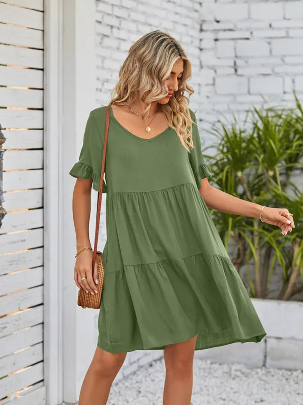 Summer Casual V-Neck Babydoll Three Layer Pleated Dress