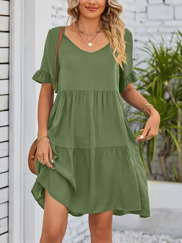 Summer Casual V-Neck Babydoll Three Layer Pleated Dress