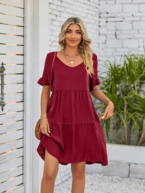 Summer Casual V-Neck Babydoll Three Layer Pleated Dress