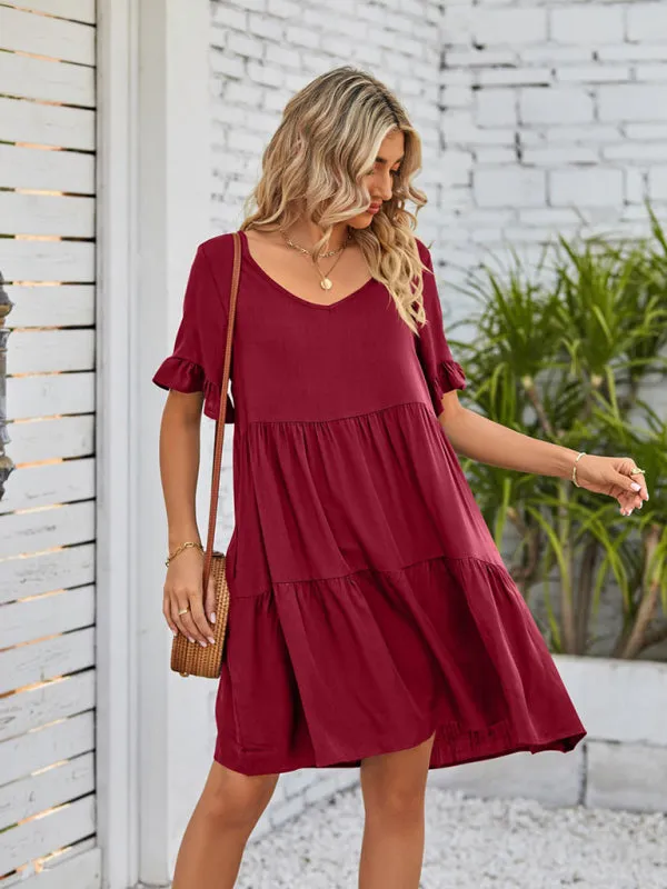 Summer Casual V-Neck Babydoll Three Layer Pleated Dress