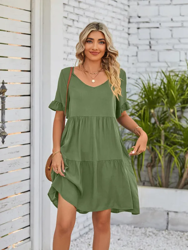 Summer Casual V-Neck Babydoll Three Layer Pleated Dress