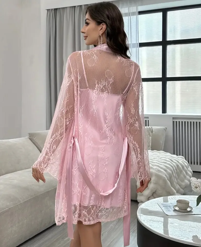 Women's Lingerie set, Lace Hollow Out Long Sleeve Robe with Backless slip on dress