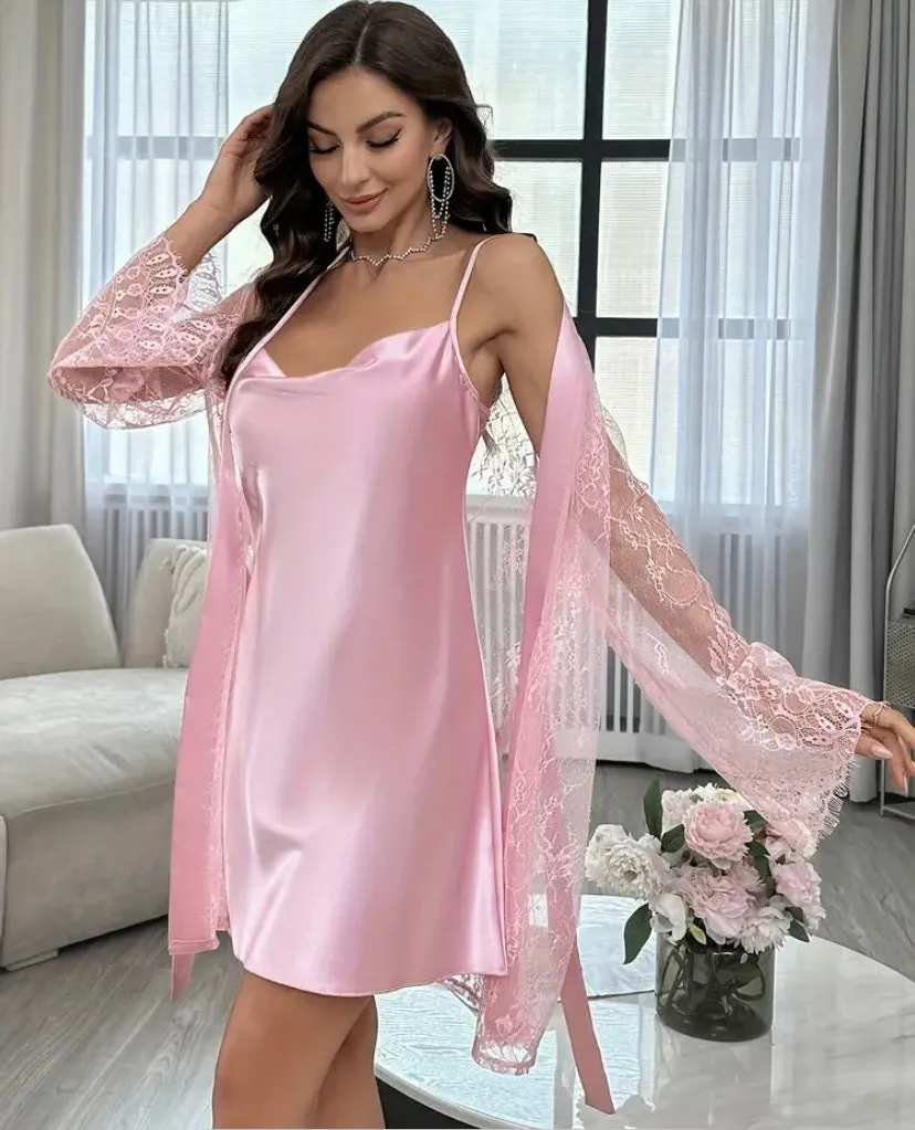 Women's Lingerie set, Lace Hollow Out Long Sleeve Robe with Backless slip on dress