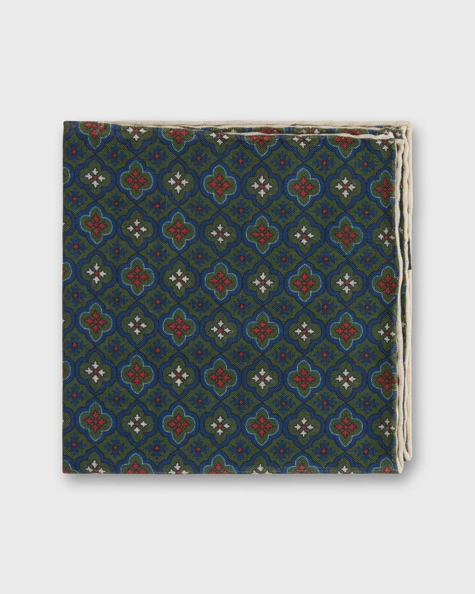 Wool/Silk Print Pocket Square in Hunter/Navy/Red Mosaic