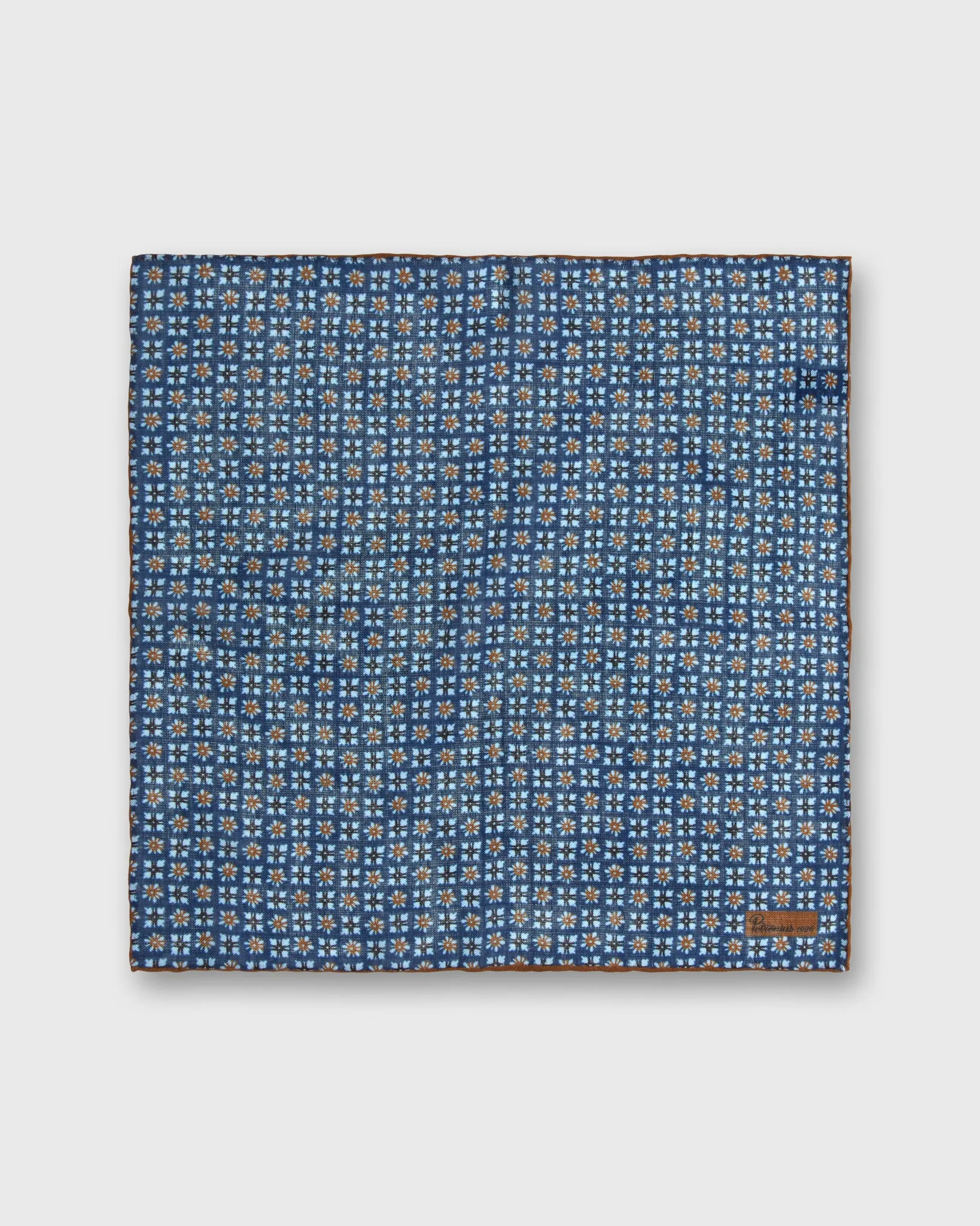 Wool/Silk Print Pocket Square in Marine/Sky/Umber Mosaic