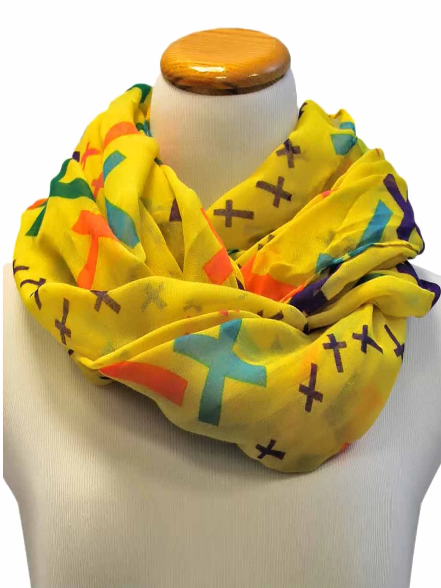 Yellow Multicolor Cross Print Infinity Scarf