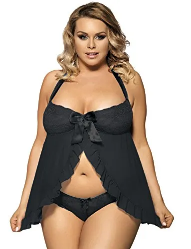 Yummy Bee - Lingerie Babydoll Women - Plus Size Nightwear - Lace Night Dress Set (Black, 8)