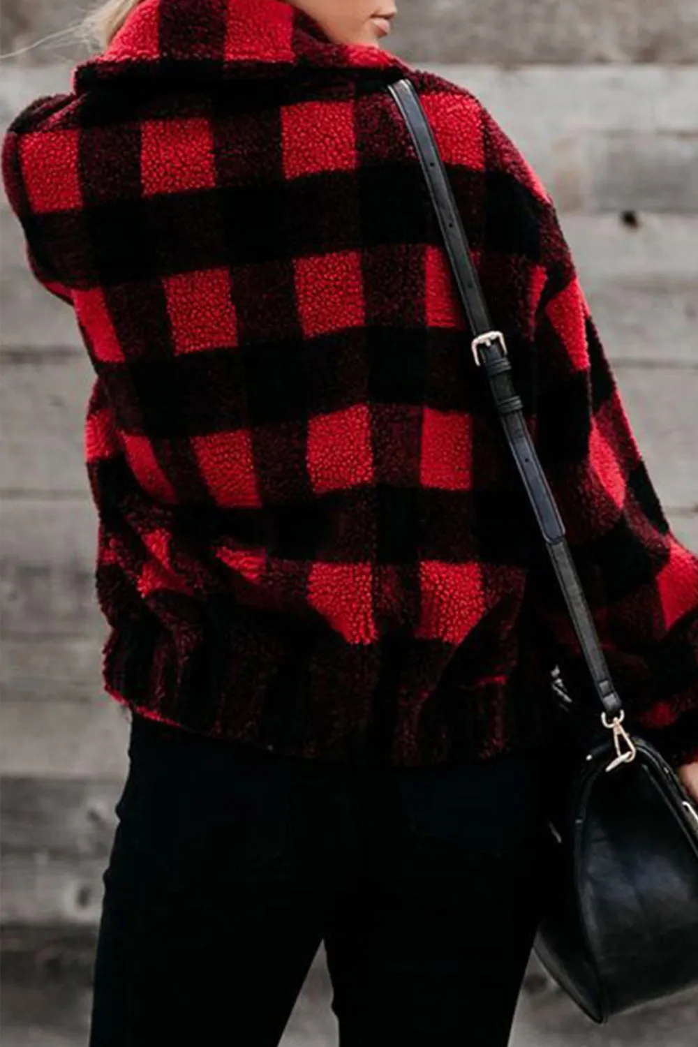 Zipped Pocket Lapel Plaid Plush Coat