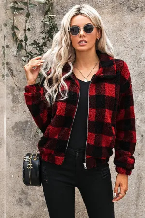 Zipped Pocket Lapel Plaid Plush Coat