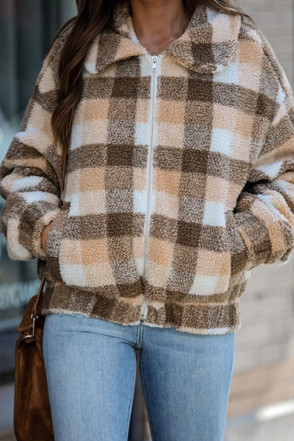 Zipped Pocket Lapel Plaid Plush Coat